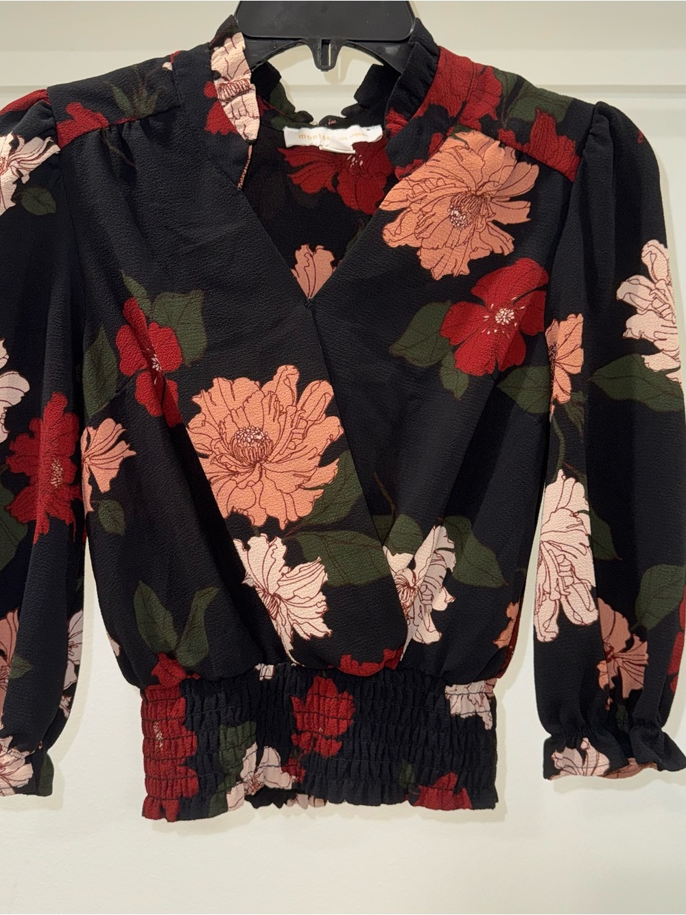 Monteau black floral wrap blouse